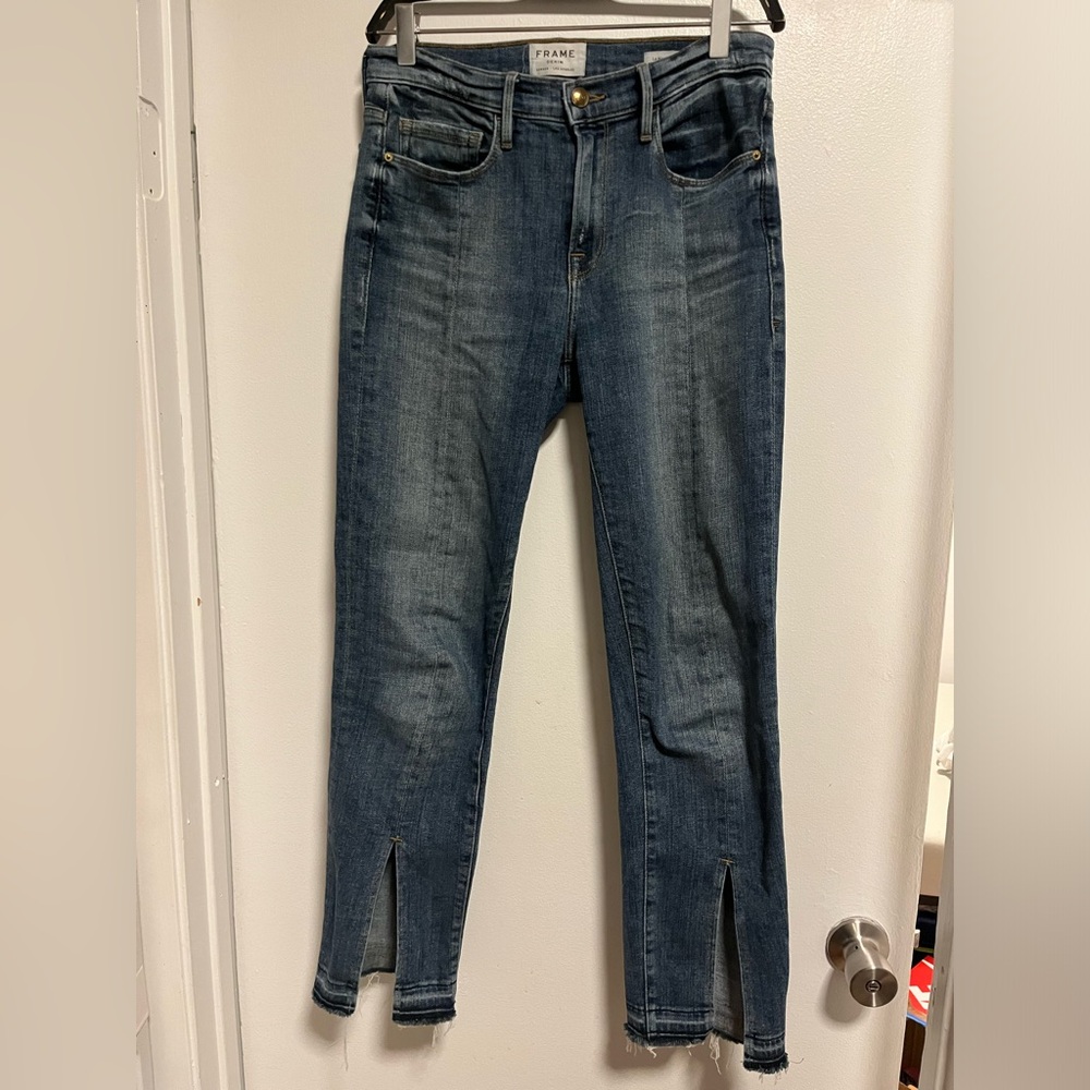 Frame Blue Denim Jeans with Ankle Slits. Flare model.